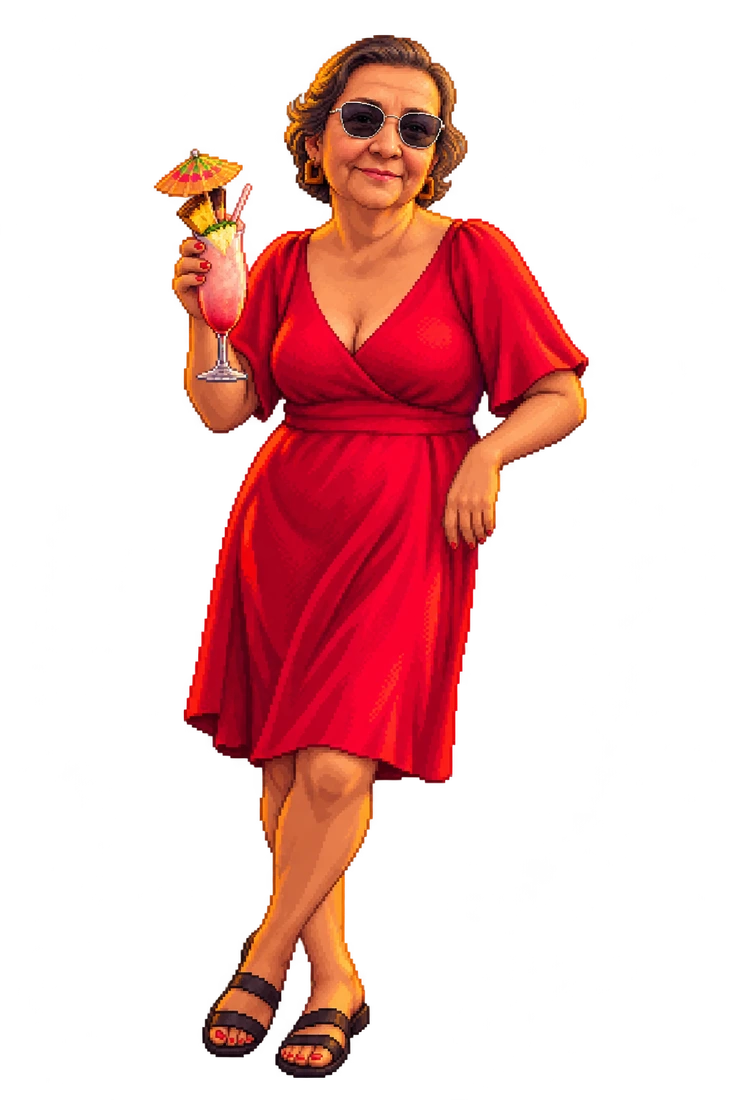 Homenagem à vó, de vermelho, com seus óculos e um drink com guarda-chuvinha